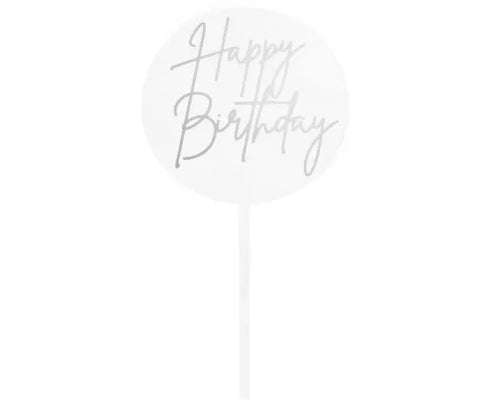 Cake Topper | Small Happy Birthday | Round Silver | GoBake