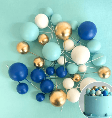 Foam ball topper 32pc set - Blue, white, gold - Cupcake Sweeties