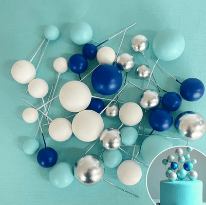 Foam ball topper 32pc set - Blue, white, silver - Cupcake Sweeties