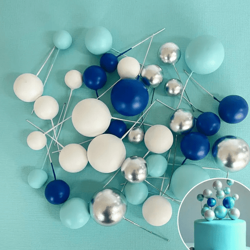 Foam ball topper 32pc set - Blue, white, silver - Cupcake Sweeties