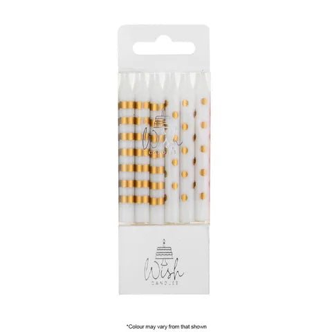 Wish Dots & Stripes Candles Gold (Pack of 12) - Cupcake Sweeties