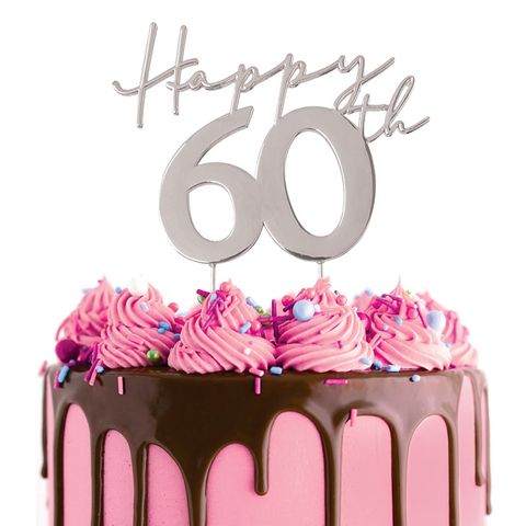 Cake Topper - Happy 60th (Silver Metal) - Cupcake Sweeties