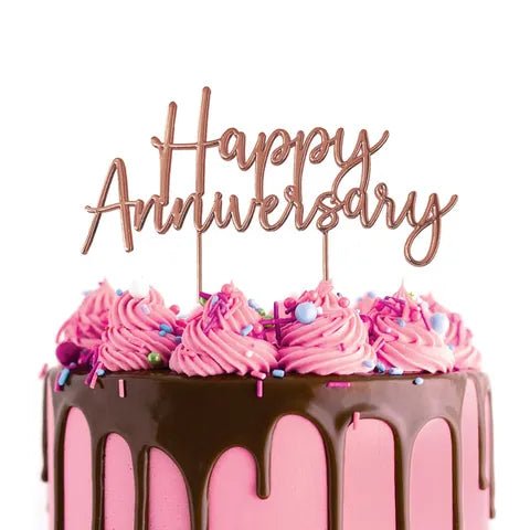 Cake Topper - Happy Anniversary (Rose Gold Metal) - Cupcake Sweeties
