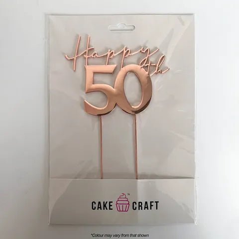 Cake Topper - Rose Gold Metal Cake Topper Happy 50th (fifty) - Cupcake Sweeties