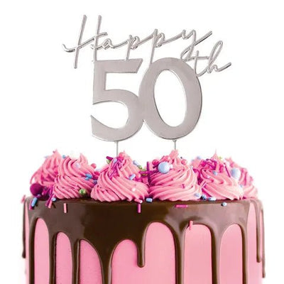 Cake Topper - Silver Metal Cake Topper Happy 50th (fifty) - Cupcake Sweeties