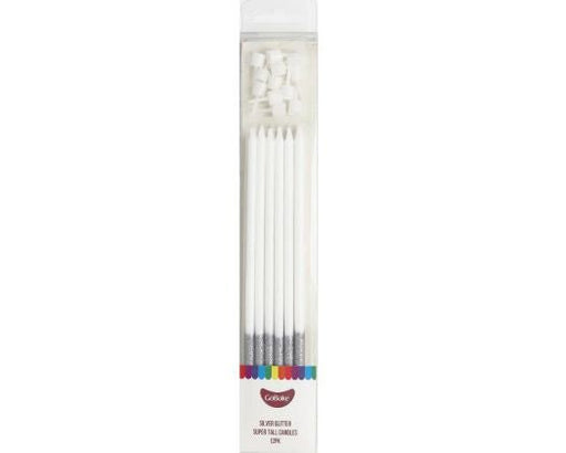 GoBake Super Tall 18cm Silver Glitter Candles (pack of 12) - Cupcake Sweeties