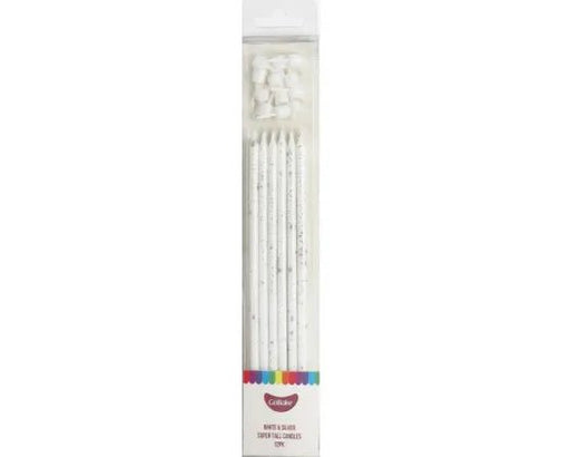 GoBake Super Tall 18cm White Silver Splatter Candles (pack of 12) - Cupcake Sweeties